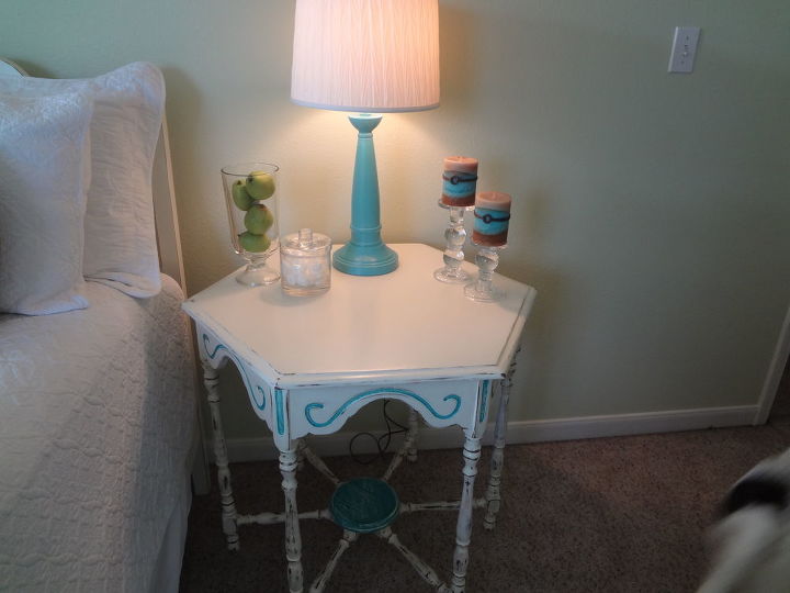 newly decorated guest room, bedroom ideas, home decor, painted furniture, This six sided table is the only piece of furniture I purchased while redoing the room It came from a local vintage shop and needed to be painted and distressed Used a turquoise acrylic paint for lamps and this table