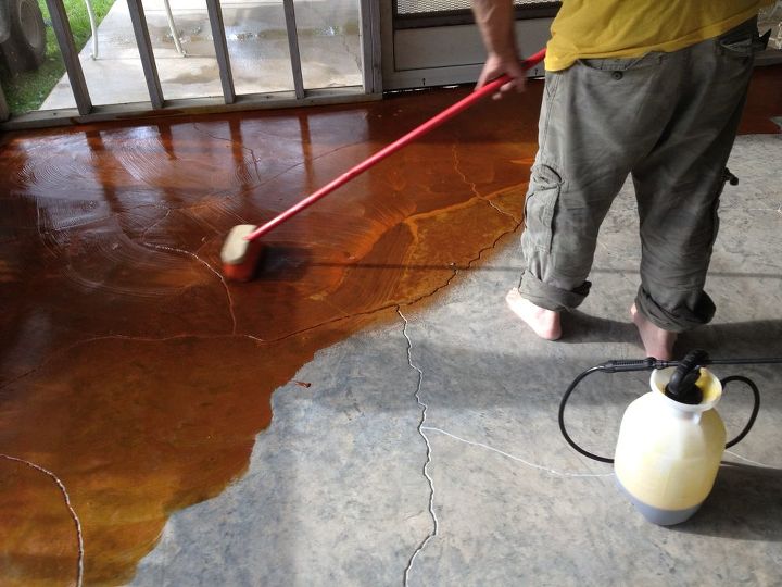 stained concrete screen porch, flooring, outdoor living, porches, during staining sealed after