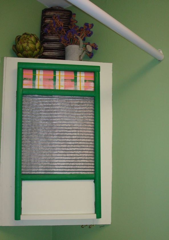 just another way to use a washboard, doors, kitchen cabinets, repurposing upcycling, The original washboard frame is painted bright green to emphasize its original shape for those who would not otherwise made the connection The pink in the plaid ties it with the door I painted pink