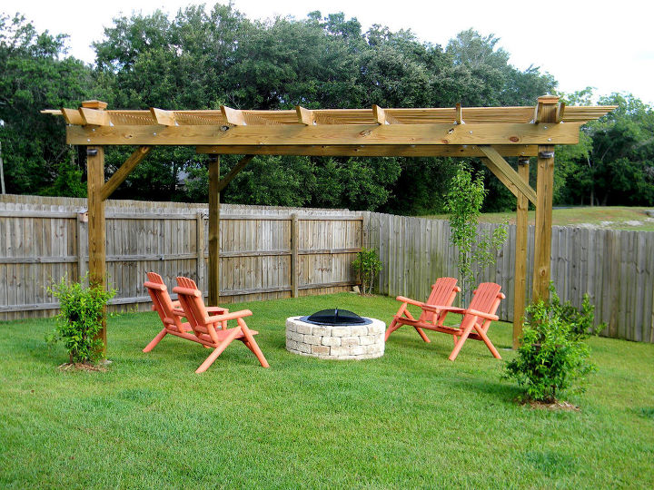 our outdoor seating area, outdoor furniture, outdoor living, painted furniture, Our pergola and firepit area that my husband built has been a wonderful addition to our backyard He even built me a beautiful potting bench with the leftover lumber