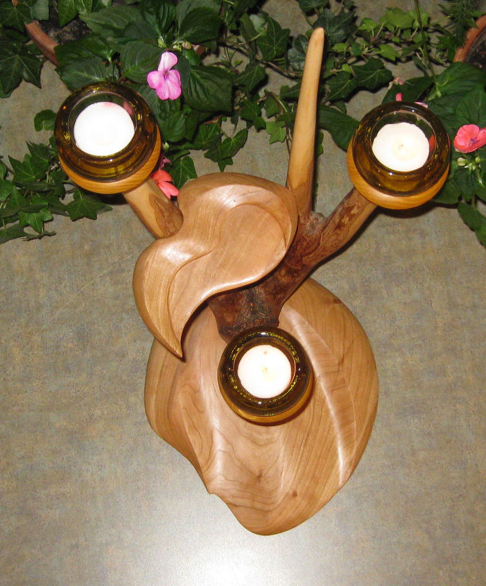 branch candleholder, home decor, woodworking projects, This is a top view of the three candles and a shelf