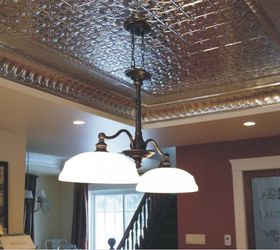 kitchen renovation in 1918 farmhouse, home decor, kitchen backsplash, kitchen design, living room ideas, Natural tin ceiling and a new light fixture that I loved the style of but not the color brass so I painted it to match the cabinet hardware