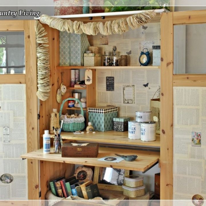 ikea cabinet turned craft center, craft rooms, kitchen cabinets, Magazine holders decoupage boxes and small bags keep crafting supplies organized