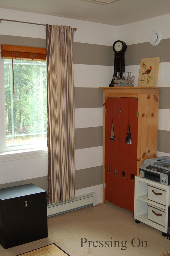 striped guest room office with farmhouse and rustic decor, craft rooms, home decor, home office, The red cabinet is mostly made from old barn wood It houses office materials and files My printer sits on a rolling cart from Ikea