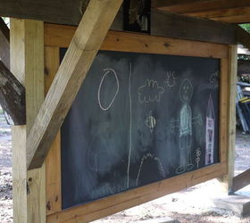 outdoor creative center made from re purposed materials, diy, outdoor living, woodworking projects, 2nd side of a double sided chalk board made from re purposed building materials