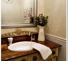 laundry room powder room, bathroom ideas, home decor, laundry rooms, Antique buffet used for vanity painted glazed and refinished wood top