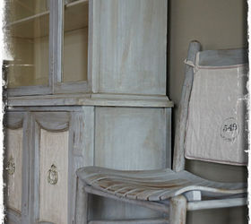 chalk paint french china hutch, chalk paint, doors, garages, home decor, painted furniture, I also did a pair of farmhouse chairs to match The little back covers are 100 linen with a hand stamped design