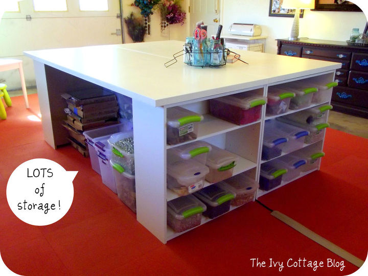 diy crafting table, craft rooms, painted furniture, storage ideas, Check out all of that storage