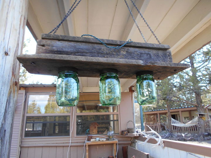 barnwood mason jars and christmas lights hanging light, lighting, mason jars, repurposing upcycling, rustic furniture, Barnwood and Mason Jar Hanging Light