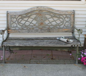iron and wood bench make over who knew it looked so bad before, decks, outdoor furniture, outdoor living, painted furniture, It s a great sturdy bench It was so pretty when we first saw it Funny thing I still see it that way That s what my husband says about me I don t let him go to the eye doctor
