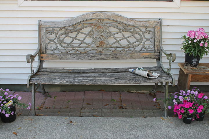 iron and wood bench make over who knew it looked so bad before, decks, outdoor furniture, outdoor living, painted furniture, It s a great sturdy bench It was so pretty when we first saw it Funny thing I still see it that way That s what my husband says about me I don t let him go to the eye doctor