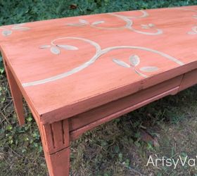 coral is the hot color of the season, chalk paint, painted furniture, Coral coffee table painted with homemade chalk paint a design added with acrylic paint and then finished off with a coat of dark wax