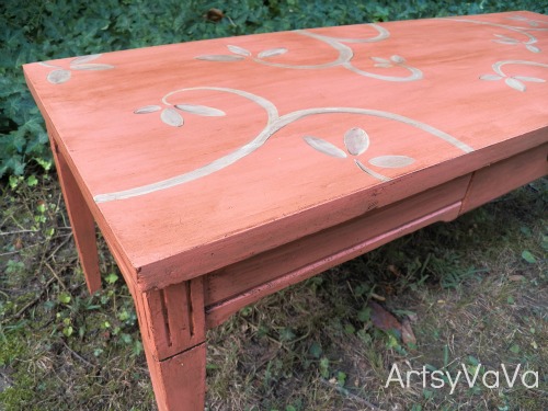 coral is the hot color of the season, chalk paint, painted furniture, Coral coffee table painted with homemade chalk paint a design added with acrylic paint and then finished off with a coat of dark wax