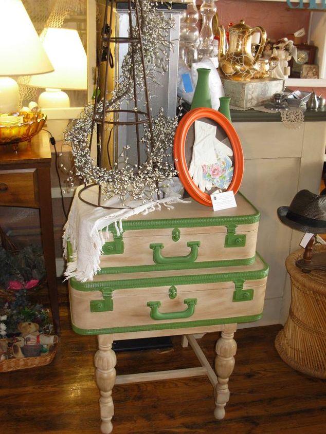 what a great way to use those old outdated suitcases, painted furniture, repurposing upcycling, shelving ideas