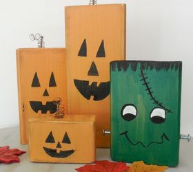 crafts fall decor wood pumpkins frankenstein painted, crafts, halloween decorations, seasonal holiday decor, woodworking projects