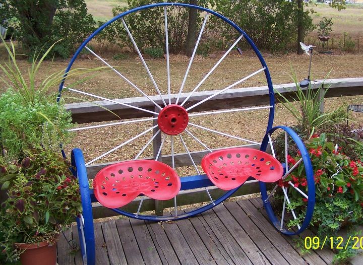 steel wagon wheel bench, decks, outdoor furniture, outdoor living, painted furniture, patio, Antique Patio Bench