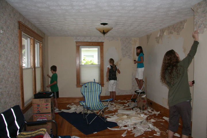 how do i get rid of wallpaper adhesive residue, The kids ripping down the wallpaper