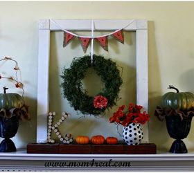 fall mantel w polka dots, seasonal holiday d cor, wreaths, Hang a wreath from an old empty picture frame or window and add a banner to the top