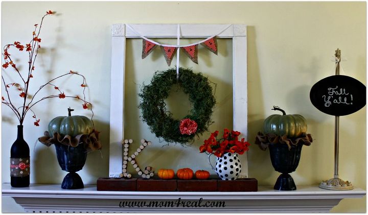fall mantel w polka dots, seasonal holiday d cor, wreaths, Hang a wreath from an old empty picture frame or window and add a banner to the top