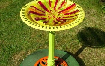 I love to do Fused Glass. I made this Bird Bath, then took an old Cast Iron Bird Bath and painted it! The Birds love it!