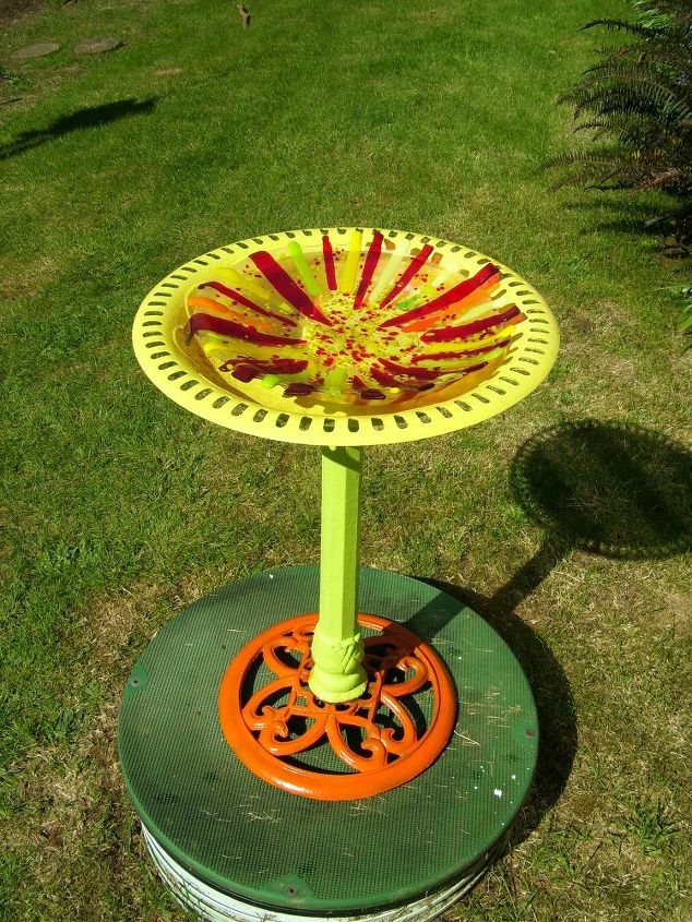 i love to do fused glass i made this bird bath then took an old cast iron bird bath, crafts, outdoor living, And there ya go
