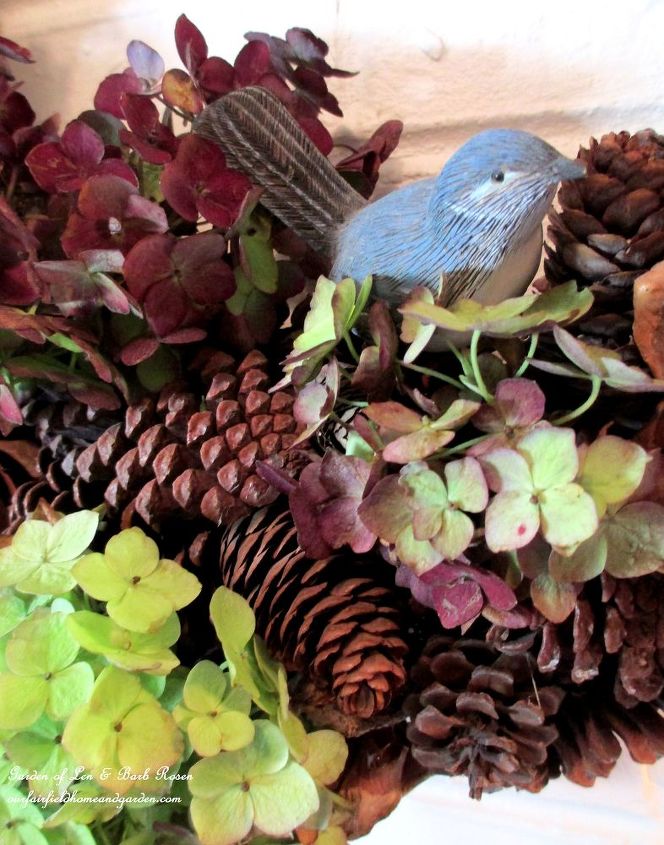 fall decorating dried hydrangeas, crafts, seasonal holiday decor, wreaths, Dried hydrangea blossoms from my garden accent our pinecone wreath for Fall for free Another of my Use What You Have projects See more at