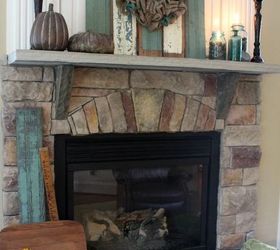 rustic fall mantel with reclaimed chippy wood and blue ball jars, fireplaces mantels, home decor, wreaths, Aqua blue brown and cream rustic fall fireplace mantel