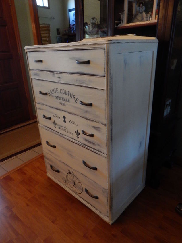 art deco dresser painted white with graphics, chalk paint, painted furniture