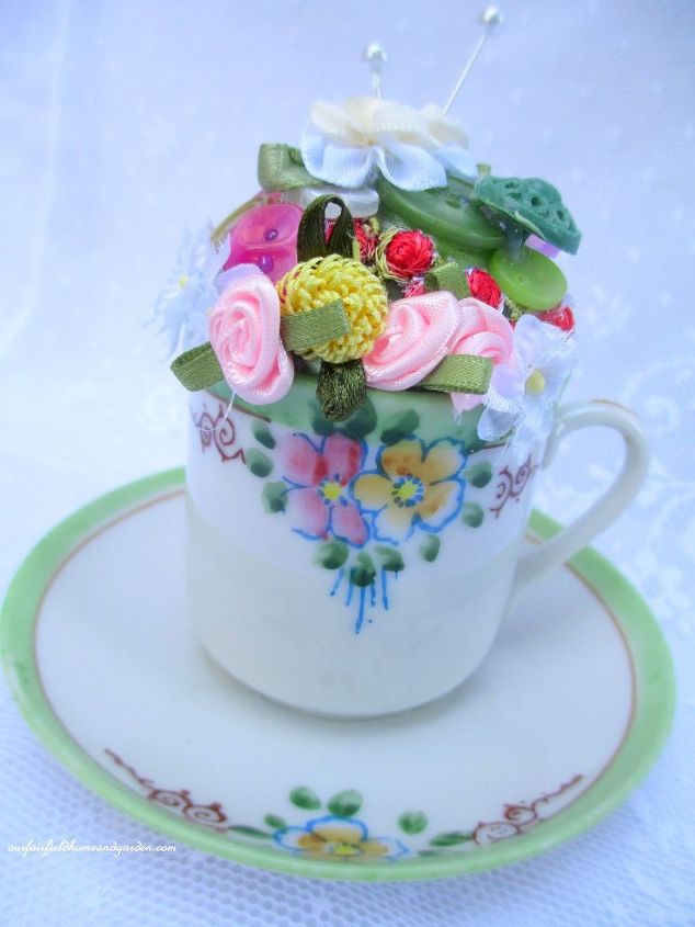 upcyle old teacup to make a vintage pincushion how to, crafts, repurposing upcycling, Pincushion Teacup pretty and useful too