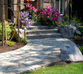 pavers with boulders and slate integrated by ross nw watergardens portland, concrete masonry, curb appeal, landscape, outdoor living, patio, Boulders anchor the walkway and retain for the steps By Ross NW Watergardens in Portland OR