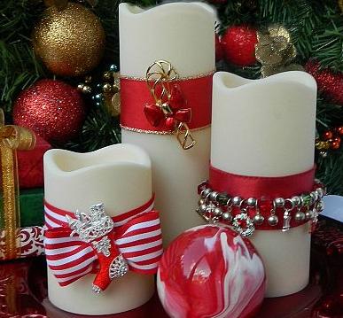 decorate candles using christmas jewelry, christmas decorations, crafts, seasonal holiday decor