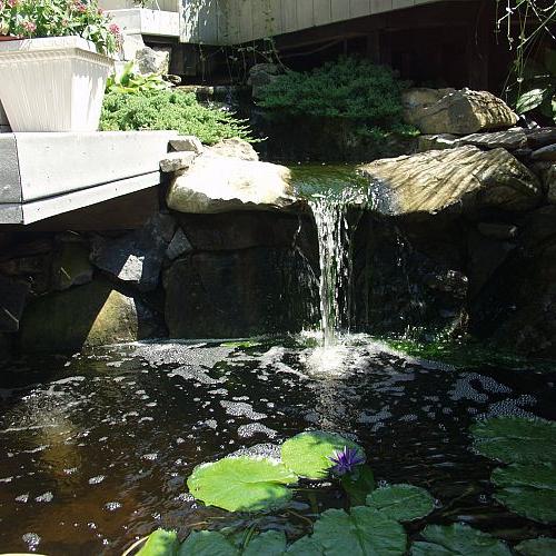 micro pond installed to ceate movement and sound in a former planting bed, decks, gardening, outdoor living, patio, ponds water features, stairs, Trex deck and platform stairs with an Aquascape micro pond in a former planting bed