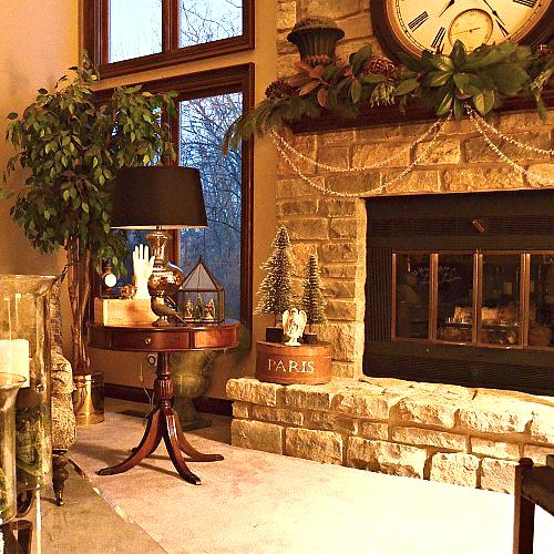 mississippi magnolias on an ohio mantel, seasonal holiday decor, Our stone faced fireplace is resplendent in greenery and natural elements but it also has just the right amount of bling to glam it up