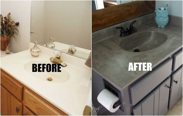 the trick to updating your outdated vanity for 20, bathroom ideas, concrete countertops, countertops, diy, home improvement