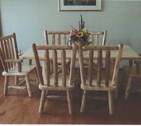 custom hand crafted log furniture, rustic furniture, woodworking projects, White pine custom table with matching chairs hand crafted in our shop