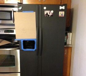 i painted my refrigerator with chalkboard paint, appliances, chalk paint, chalkboard paint, painting, Taping off the ice maker unit for spray paint