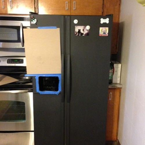 i painted my refrigerator with chalkboard paint, appliances, chalk paint, chalkboard paint, painting, Taping off the ice maker unit for spray paint
