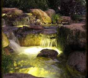 underwater led lighting, lighting, outdoor living, ponds water features, LED Lights under the waterfalls add a dramatic effect