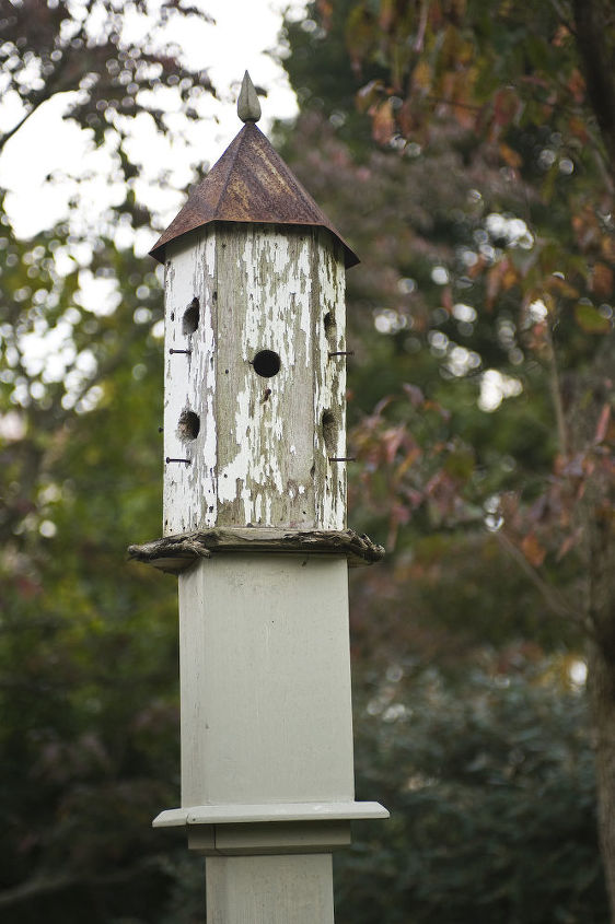 custom wooden lampposts and birdhouse posts, garages, gardening, New wooden post for the birdhouse though the birdhouse itself may be in need of some remodeling