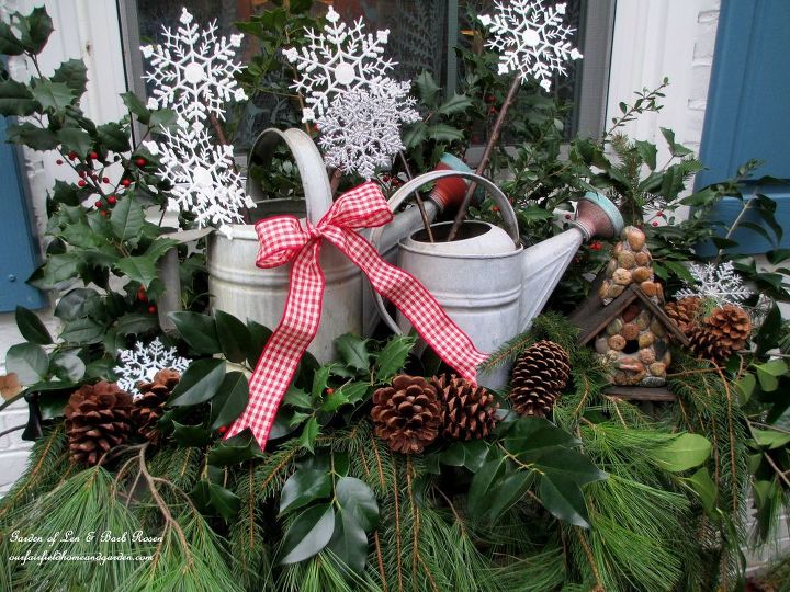 rustic watering cans windowboxes our fairfield home garden, christmas decorations, repurposing upcycling, seasonal holiday decor, Rustic Watering Cans Windowbox