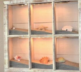 decor ideas for old window frames, home decor, repurposing upcycling, Old window frame made into a light display box for beach finds complete with sand