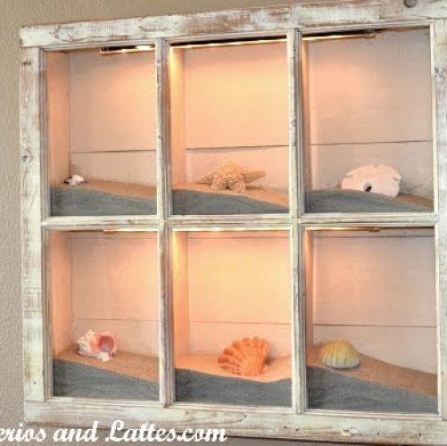 decor ideas for old window frames, home decor, repurposing upcycling, Old window frame made into a light display box for beach finds complete with sand