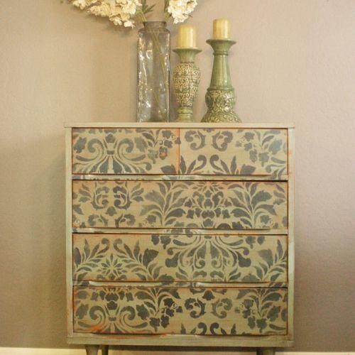 diy stencil projects, The blogger at Because I Like to Decorate turned this dresser into an Old World beauty with our Fabric Damask Stencil