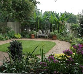 4 tips for landscape design success, landscape, A circular walk and bench set off a small throw rug lawn and mixed flowers and shrubs
