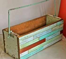 diy repurposed wooden boxes, repurposing upcycling, Turquoise bar handle original color was salvaged from a vintage deck chair and was simply meant to be reincarnated here