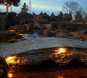 ponds and waterfalls outdoor living, outdoor living, ponds water features, The bridge invites the viewer to cross over the pond to the pavilion and fire pit area