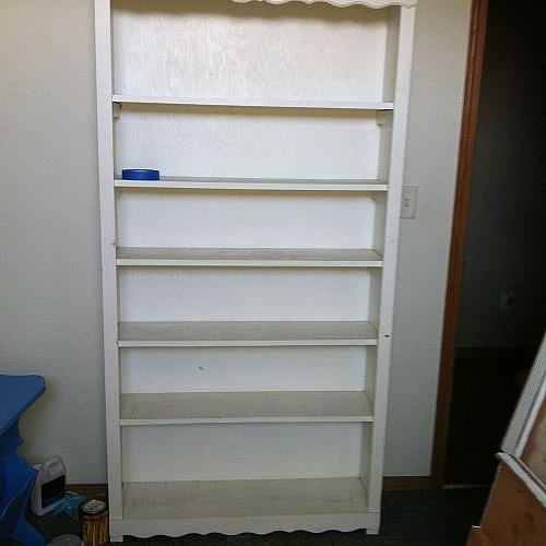 ivory chalkpainted bookshelf with wallpaper lined shelves, chalk paint, painted furniture