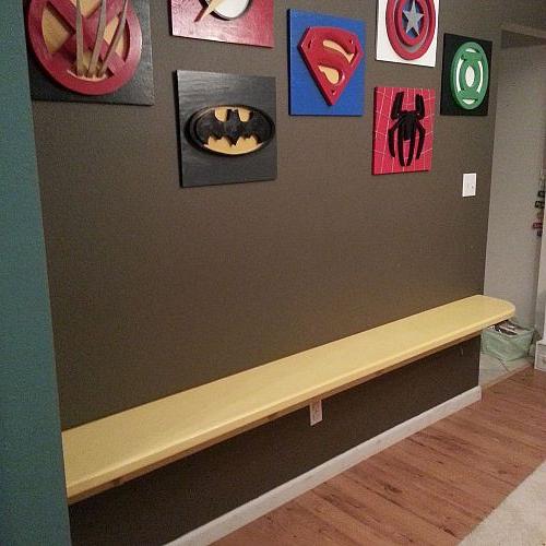 my son loves superheroes decorating the playroom, entertainment rec rooms, home decor, added a small desk for playing homework