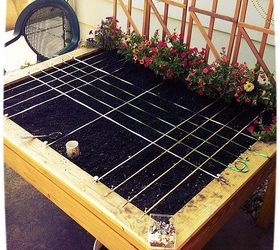 raised garden bed organic salad table 2012, container gardening, diy, flowers, gardening, raised garden beds, 3 String Ribbon Use reflective ribbon pinned by shiny thumbtacks to stake out your square foot garden Adds color and keeps the birds away