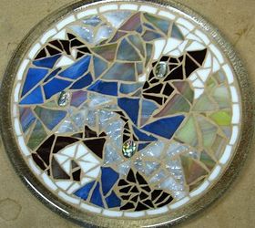 stained glass mosaic trivet, crafts, A variety of colors and patterns of glass plus small mother of pearl cabochons make up this kitchen trivet